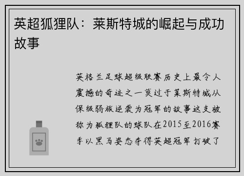 英超狐狸队：莱斯特城的崛起与成功故事